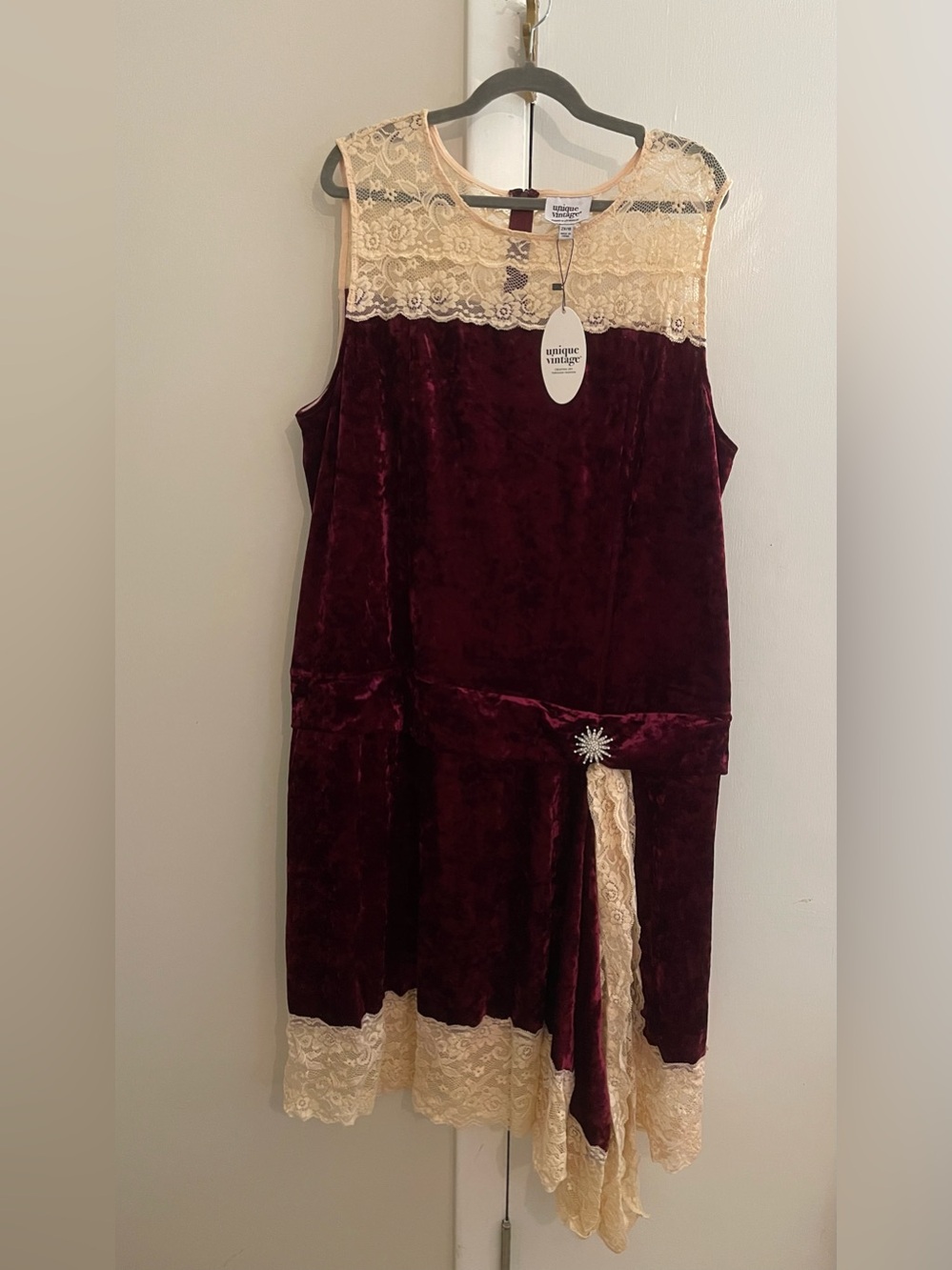 Unique Vintage Burgundy Velvet Dress with Cream Lace Yoke